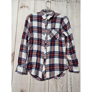 BeachLunchLounge Shirt Womens XS Red Blue White Plaid Flannel Button‎ Down Soft